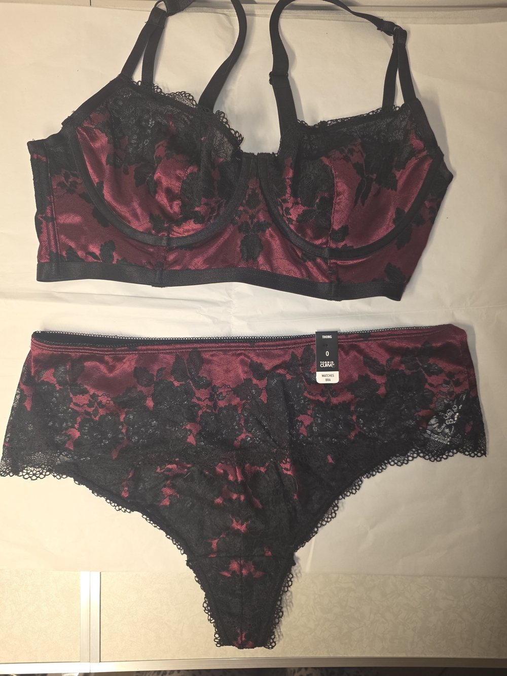 Torrid Curve Burgundy Velvet and Black Lace Underwire Bralette & Thong Set